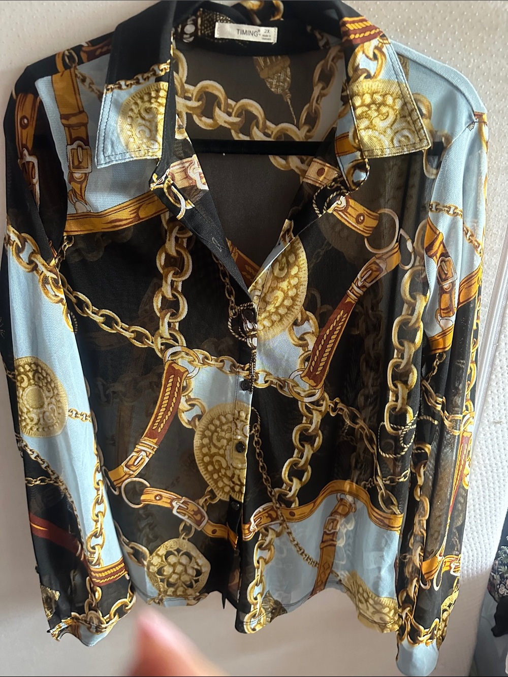 Timing Woman’s 2X Button-Down Chain Print Shirt -Versace inspired.